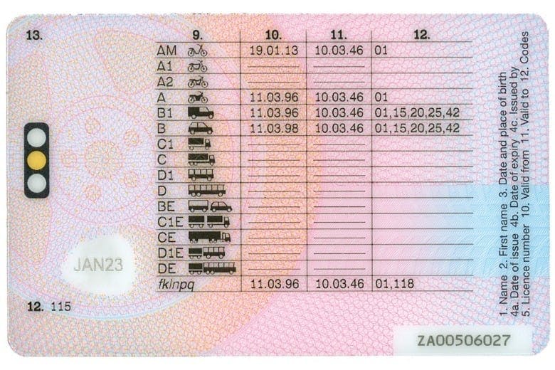 An image of the reverse of a UK driving licence. It displays a table showing the 