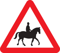 A warning triangle road sign with a graphic of a horse and horserider representing the potential hazard of accompanied horses and/or ponies