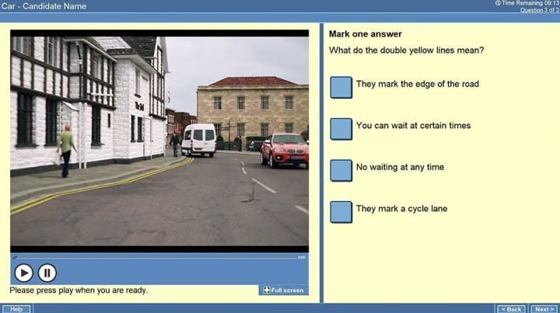 Screenshot of a theory test question