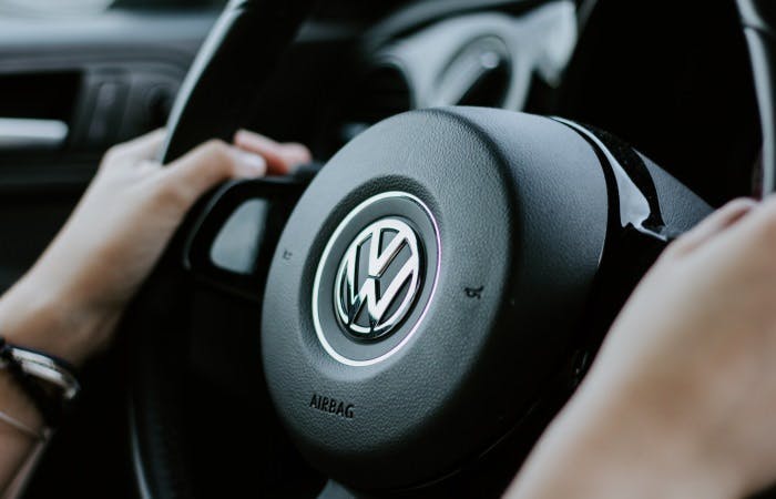 Close up Volkswagen steering wheel
