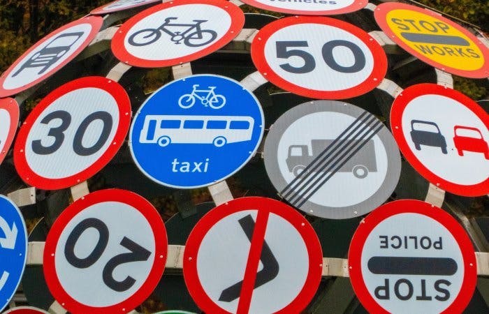 A collection of road and traffic signs 