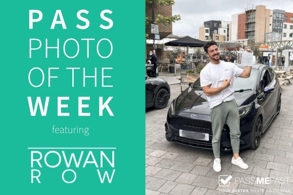 A graphic in two halves. The left half reads 'Pass photo of the week featuring Rowan Row' and the right hand side is a photograph of Rowan Row with his driving test pass certificate