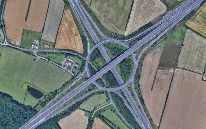A bird's-eye view of a 3 level stacked roundabout on the A1(M)/M18 junction.