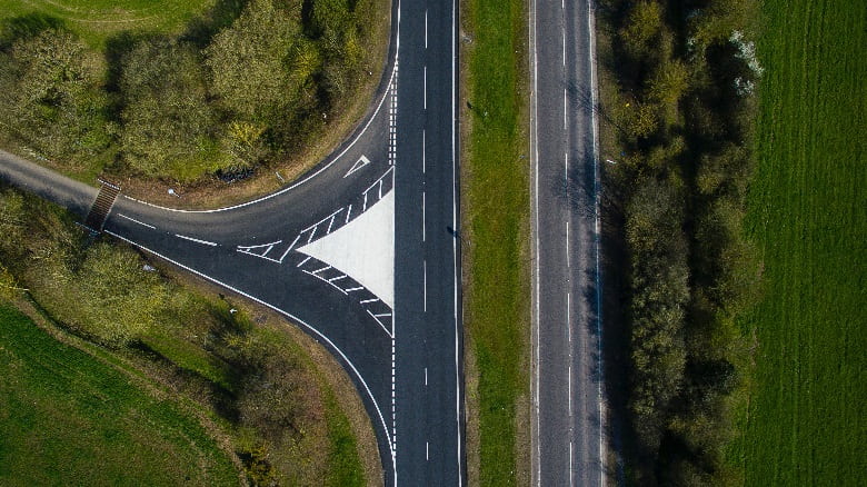 A bird's-eye view of a road junction.