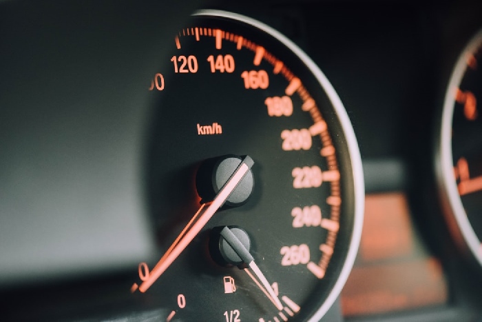 Close up of speedometer in car