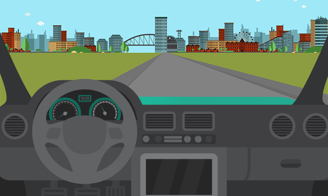 An illustration of a landscape view from the windscreen of a car.