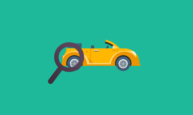 An illustration of a magnifying glass over a yellow car.