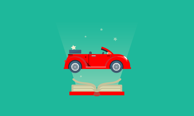 red car over a book cartoon