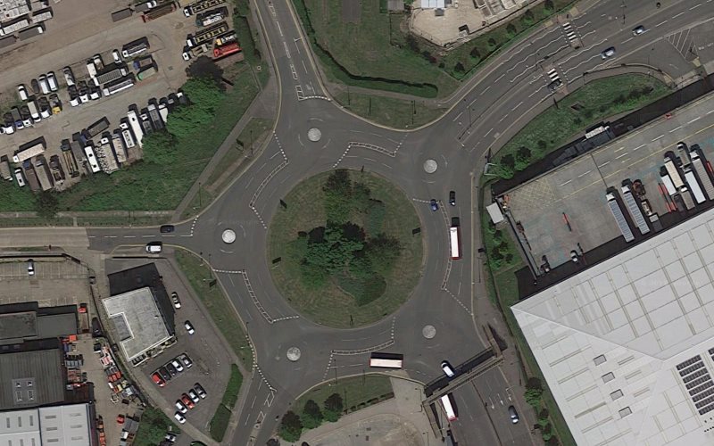 A bird's-eye view of a magic roundabout in Hatton Cross.