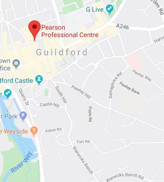 Cropped Google Map with pin over Guildford theory test centre