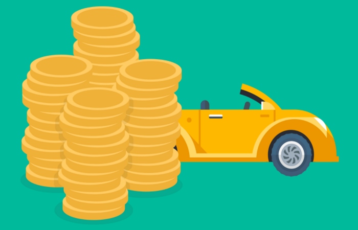 Yellow cartoon car with pile of coins
